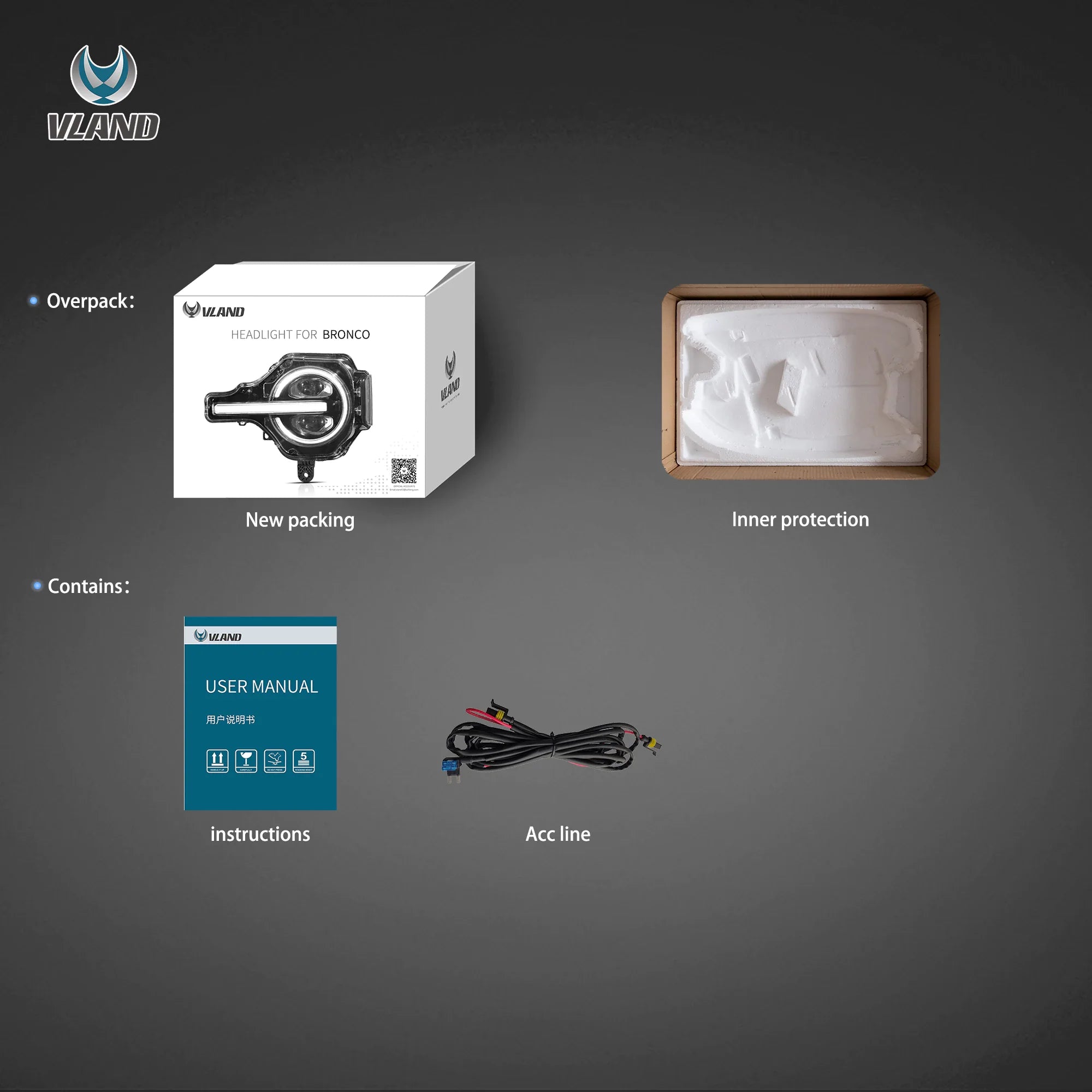 VLAND 20-24 Ford Bronco Full LED Projector RGB Headlights - Streamer led effect LHD