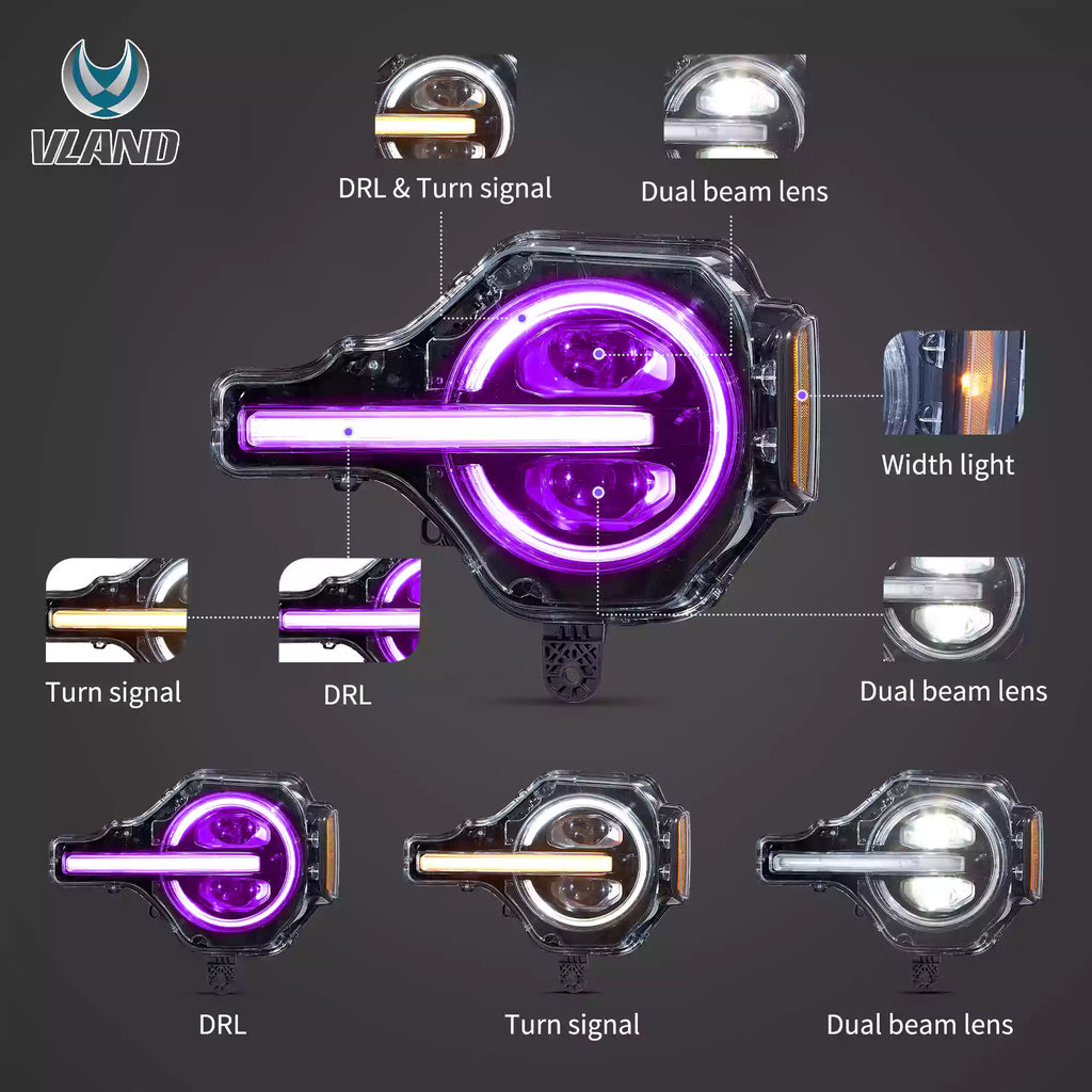 VLAND 20-24 Ford Bronco Full LED Projector RGB Headlights - Streamer led effect LHD