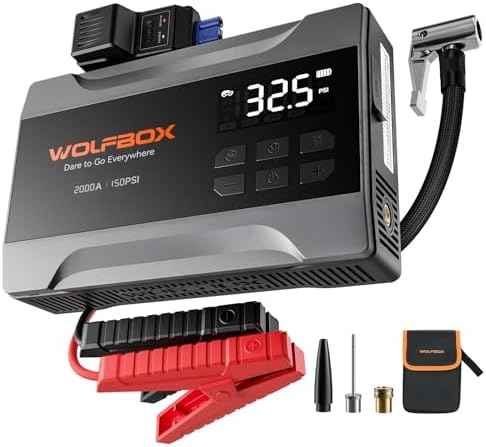 WOLFBOX 2000A Jump Starter Power Pack with Air Compressor, 12V Car Battery Booster Jump Starter for 5L Gas Engines, 37Wh Portable Tire Inflator with LED Display, LED Light, Jump Leads