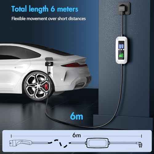EV Charger Cable Type 2 to 3 Pin Plug 3KW, 6M, 6/8/10/13A, Adjustable Current EV Charger,With LED Screen Timing Delay IP66/IP65, With Carry Bag and Type 2 EV Cable Holder for EVs and PHEVs