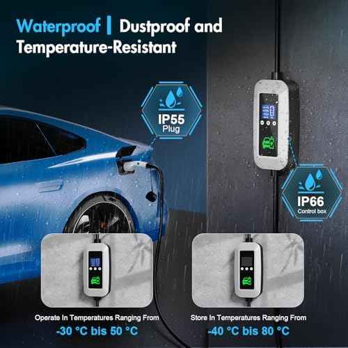 EV Charger Cable Type 2 to 3 Pin Plug 3KW, 6M, 6/8/10/13A, Adjustable Current EV Charger,With LED Screen Timing Delay IP66/IP65, With Carry Bag and Type 2 EV Cable Holder for EVs and PHEVs