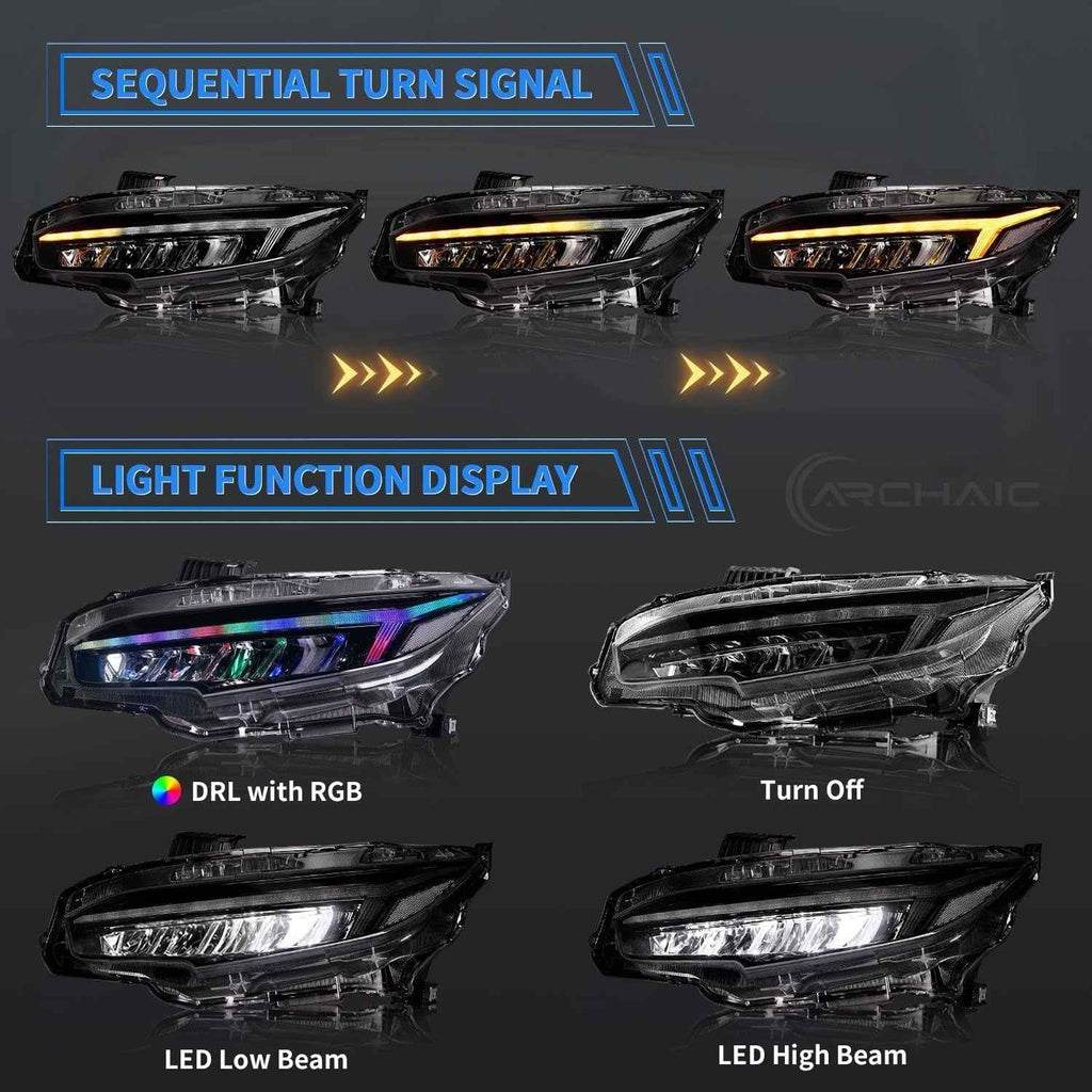 AC Pair RGB LED DRL Rear lights Tail Honda Civic 10 Seden Hatchback R 16-21