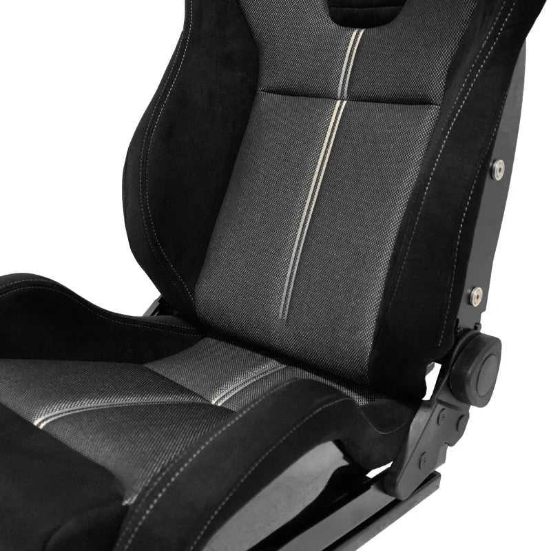 ATS x1 (Sold Individually) Universal Recline Bucket Seat ‎Black Suede + Grey Mesh Fabric + runners Car / 4x4 / Van / Camper / Race Sim