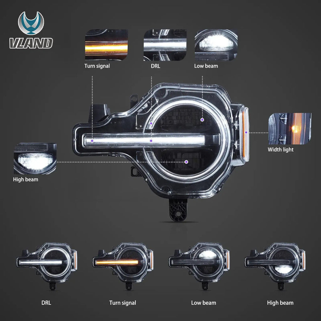 Pair VLAND 20-24 Ford Bronco Full LED DRL Lightbar Projector Halo Ring Headlights