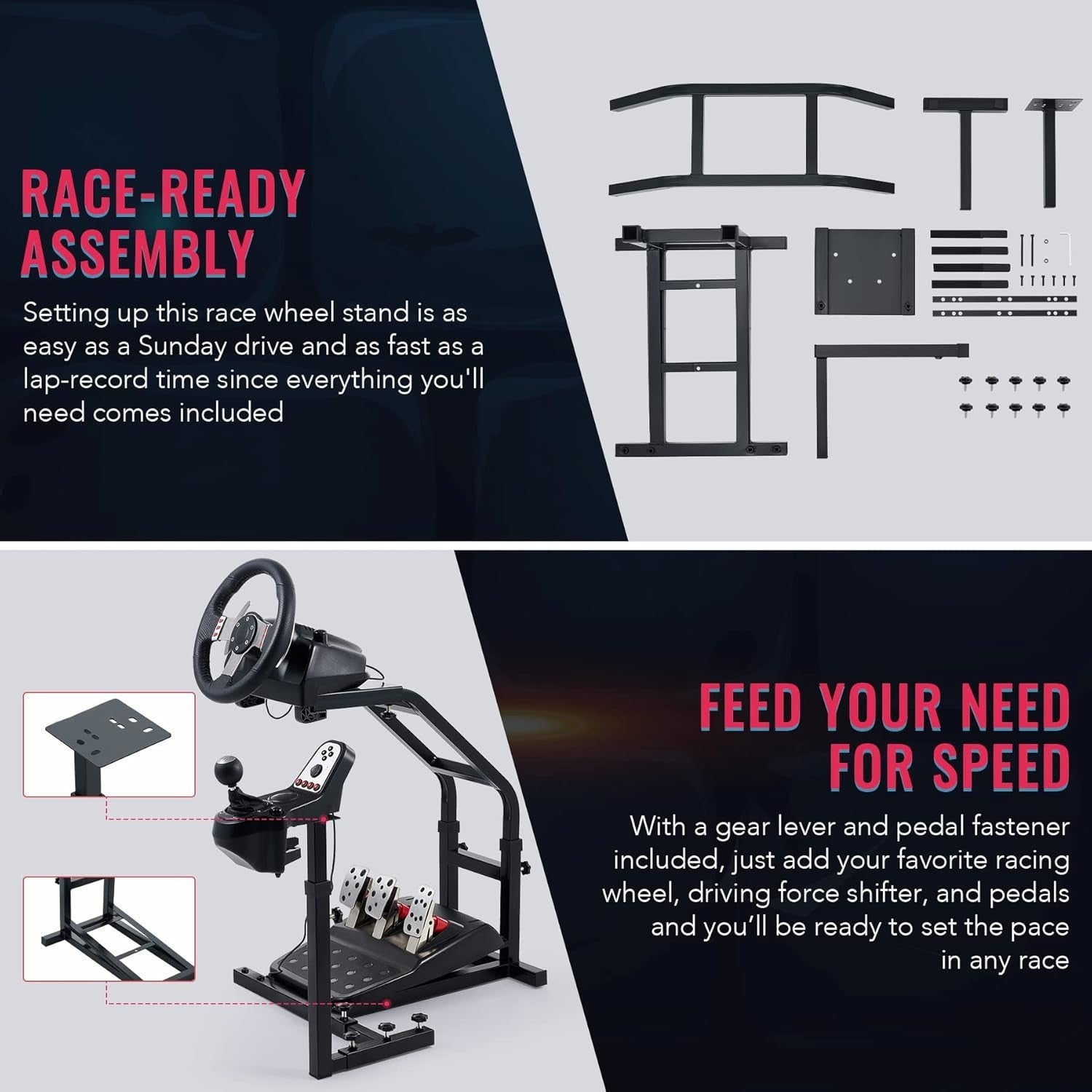 Driving Sim Racing Wheel Stand Frame for Steering Wheel & Pedals + Gear Shifter