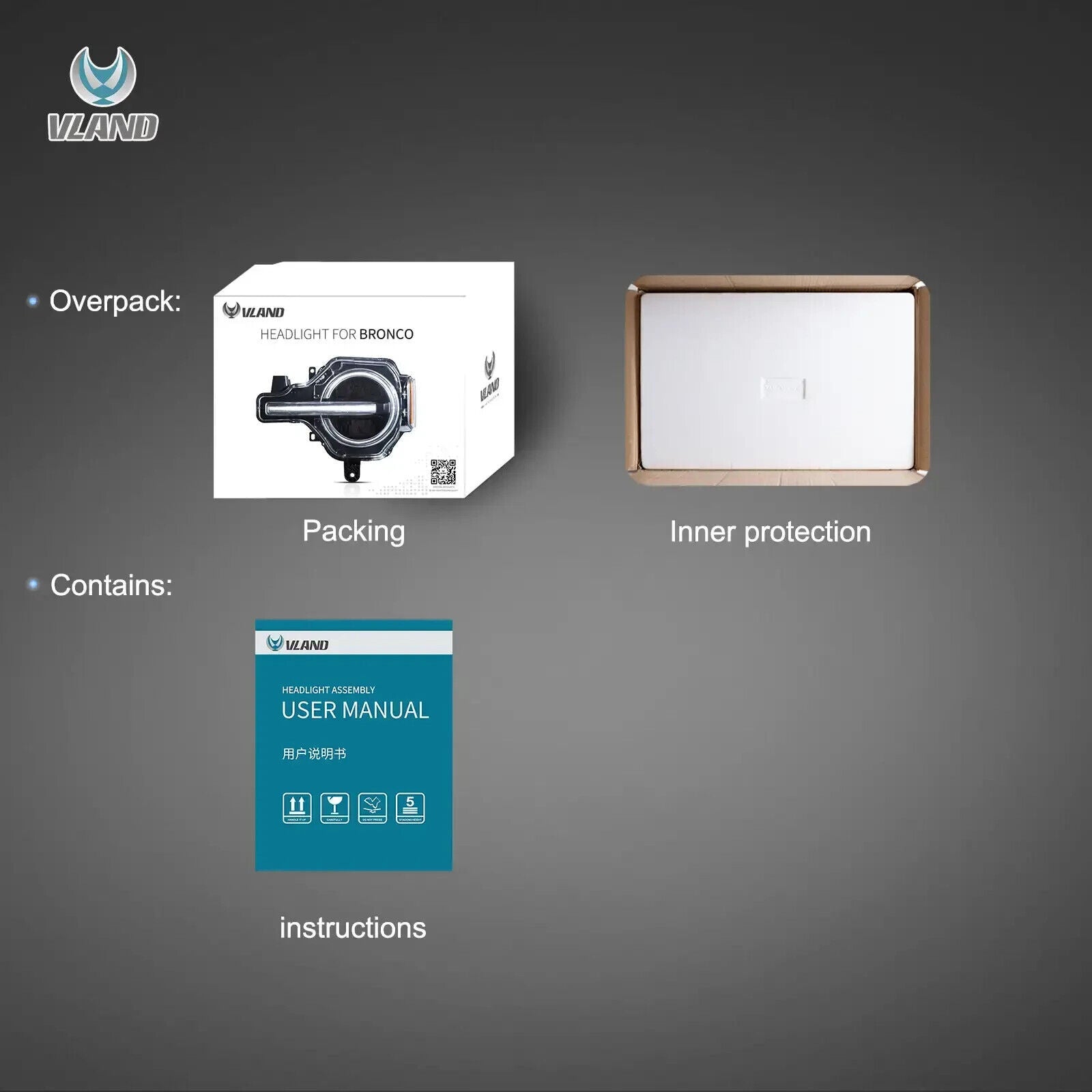 Pair VLAND 20-24 Ford Bronco Full LED DRL Lightbar Projector Halo Ring Headlights