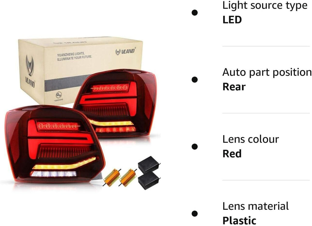 VLAND Pair Polo MK5 6R 6C TSI LWB SWB 09-17 Lightbar Sequential LED DYNAMIC Rear Lights RHD