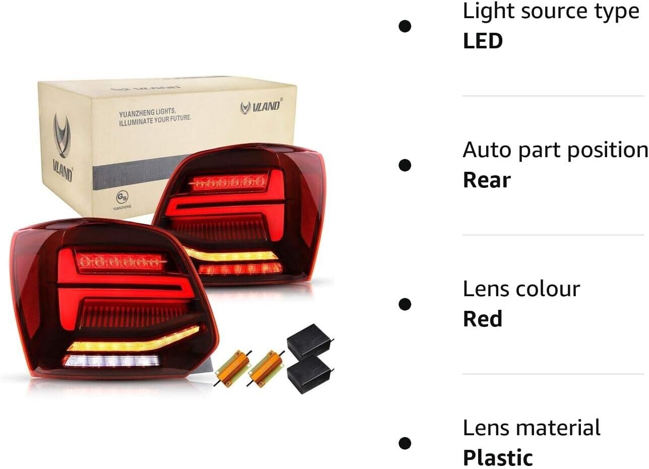 VLAND Pair Polo MK5 6R 6C TSI LWB SWB 09-17 Lightbar Sequential LED DYNAMIC Rear Lights RHD