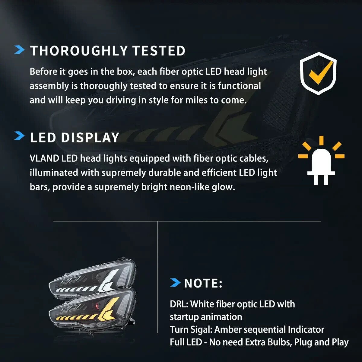 VLAND Pair 08-17 Mitsubishi Lancer Evo X DYNAM LED DRL Lightbar Demon Eyes Headlights LHD