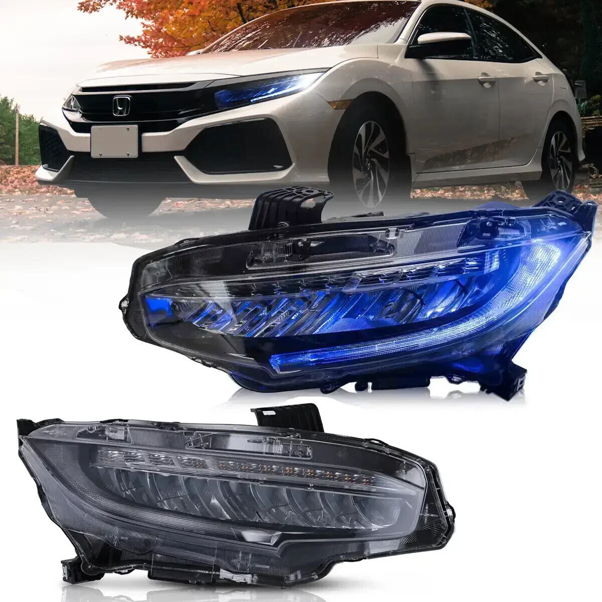 VLAND 16-21 Honda Civic 10 MK10 FC FK Chrome Lightbar LED DRL Headlights