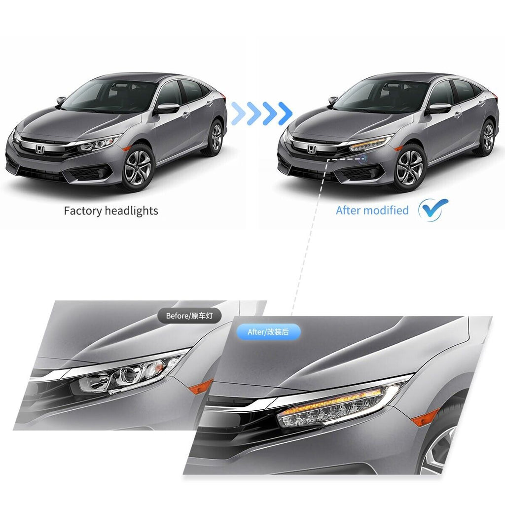 VLAND 16-21 Honda Civic 10 MK10 FC FK Chrome Lightbar LED DRL Headlights