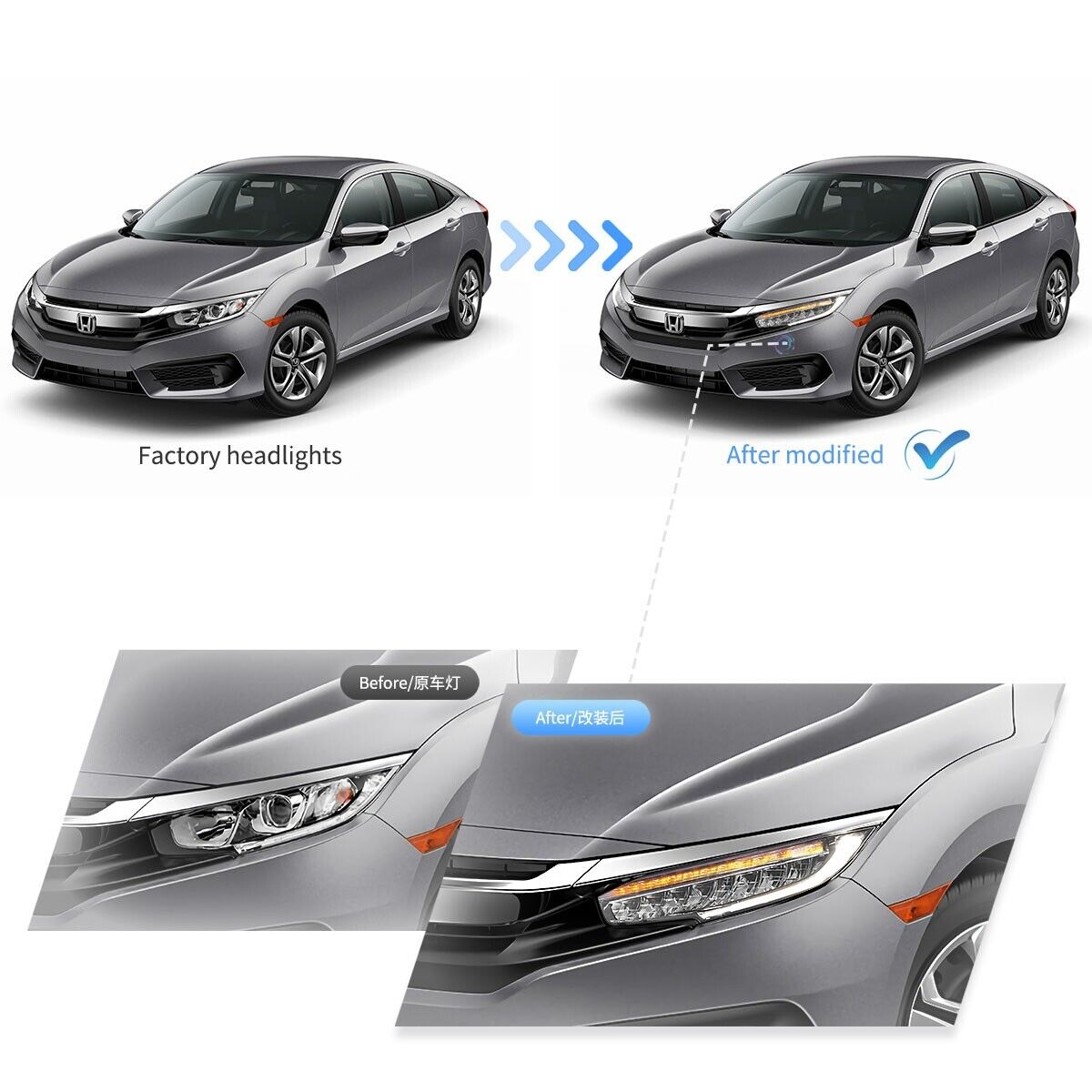 VLAND 16-21 Honda Civic 10 MK10 FC FK Chrome Lightbar LED DRL Headlights