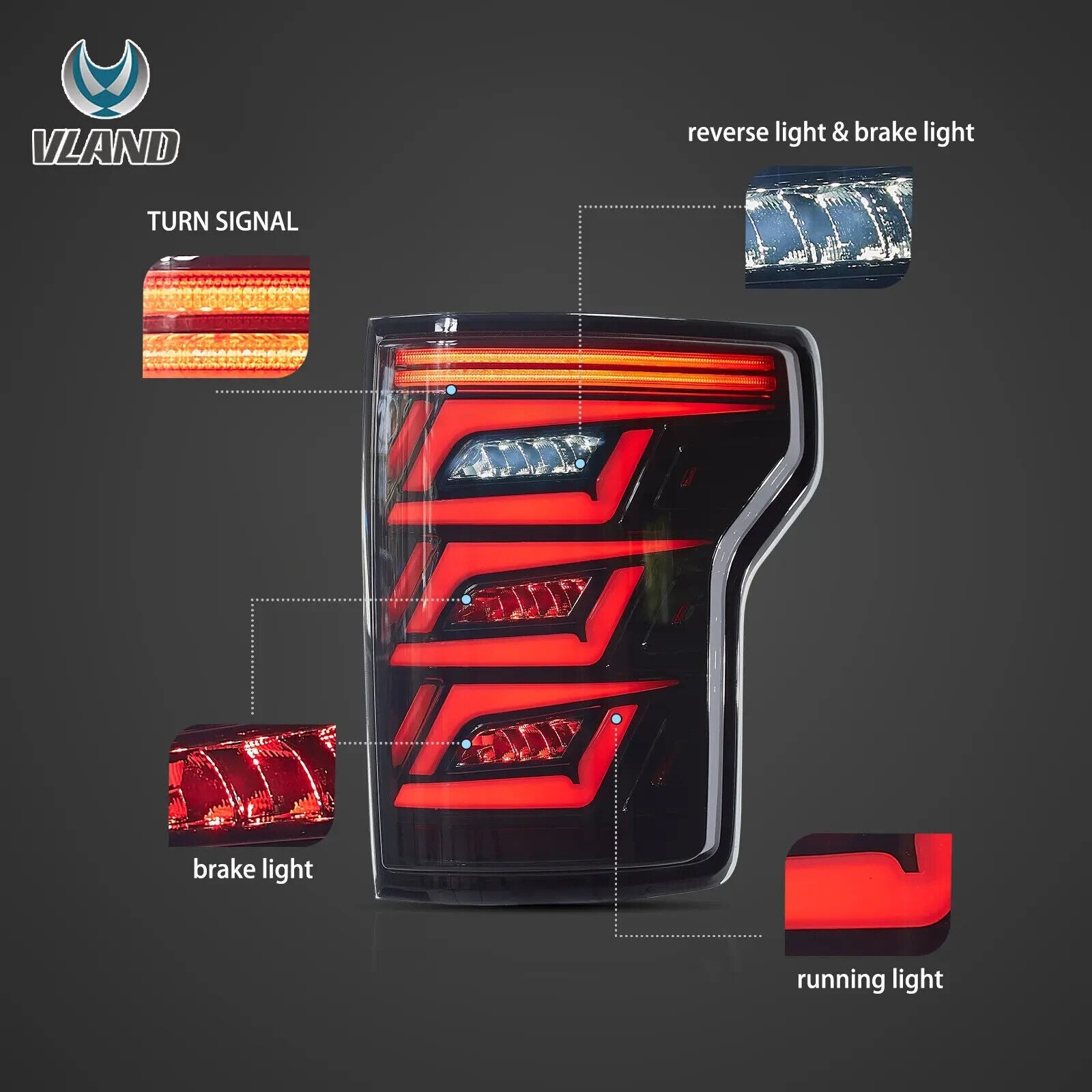 VLAND 15-20 Ford F150 13 P552 Lightbar LED DRL Rear Lights Tail Smoke DYNAMIC HD