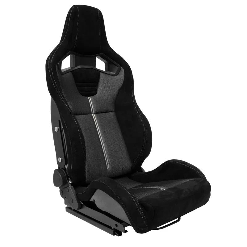 ATS x1 (Sold Individually) Universal Recline Bucket Seat ‎Black Suede + Grey Mesh Fabric + runners Car / 4x4 / Van / Camper / Race Sim