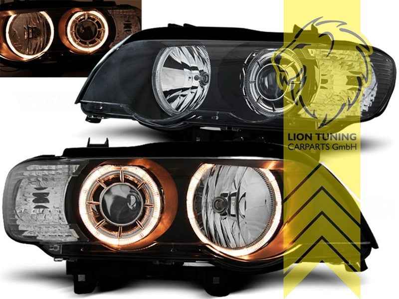 LTG Pair DEPO XENON HID Halo Ring Headlights BMW X5 E53 00-03 black RHD / LHD