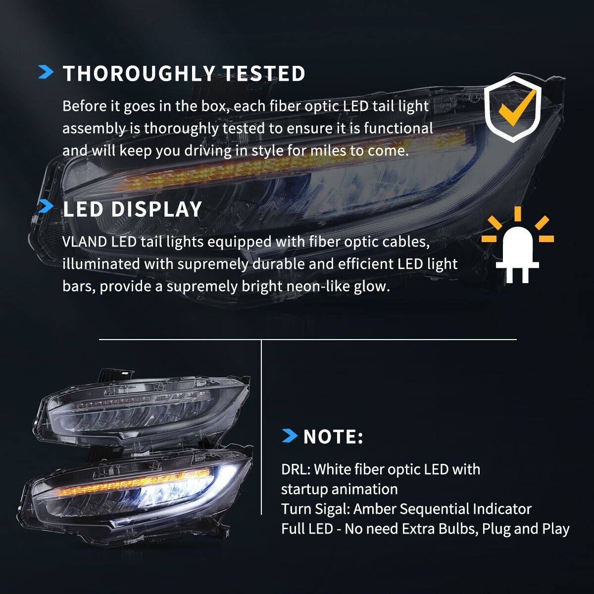 VLAND 16-21 Honda Civic 10 MK10 FC FK Chrome Lightbar LED DRL Headlights