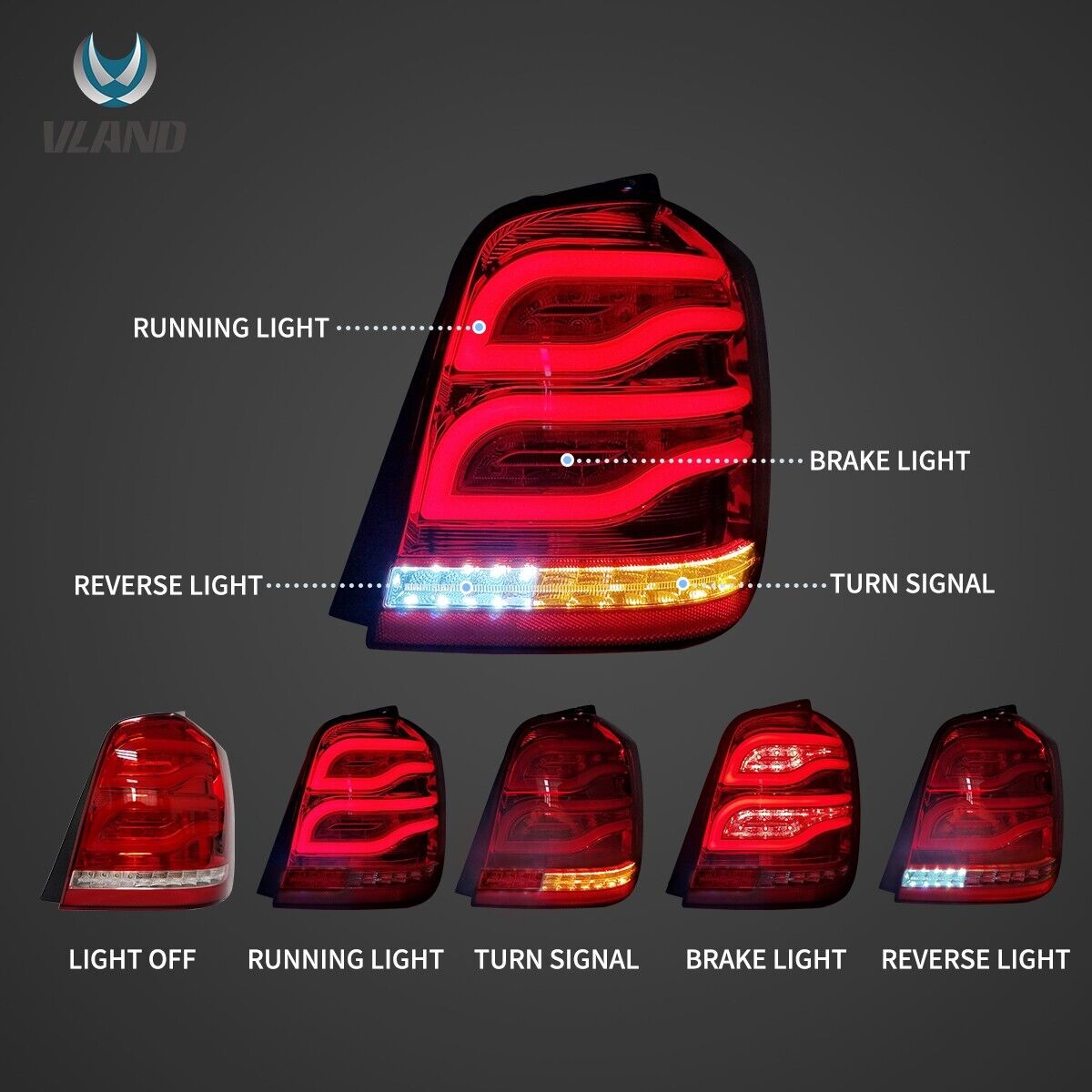 VLAND 01-07 Toyota Highlander 1 MK1 XU20 LED Lightbar Tail Lights Rear Lights