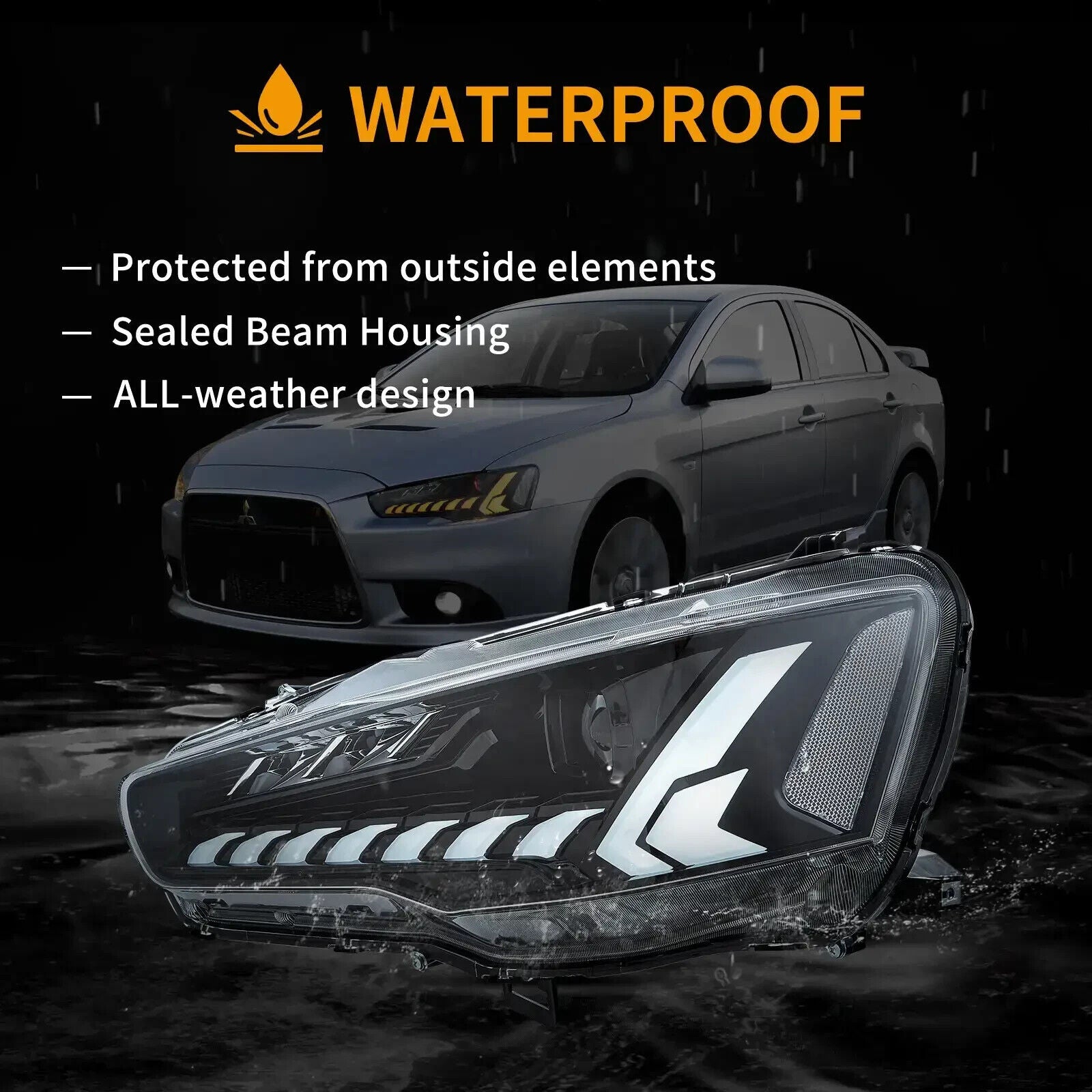 VLAND Pair 08-17 Mitsubishi Lancer Evo X DYNAM LED DRL Lightbar Demon Eyes Headlights LHD