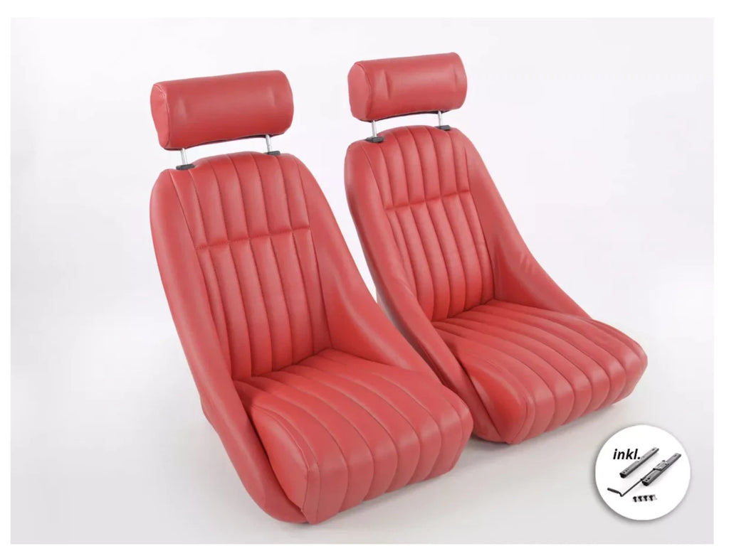 FKA Pair Red Bucket Seats Headrests Classic Car Retro Kit Vintage Fixed Back