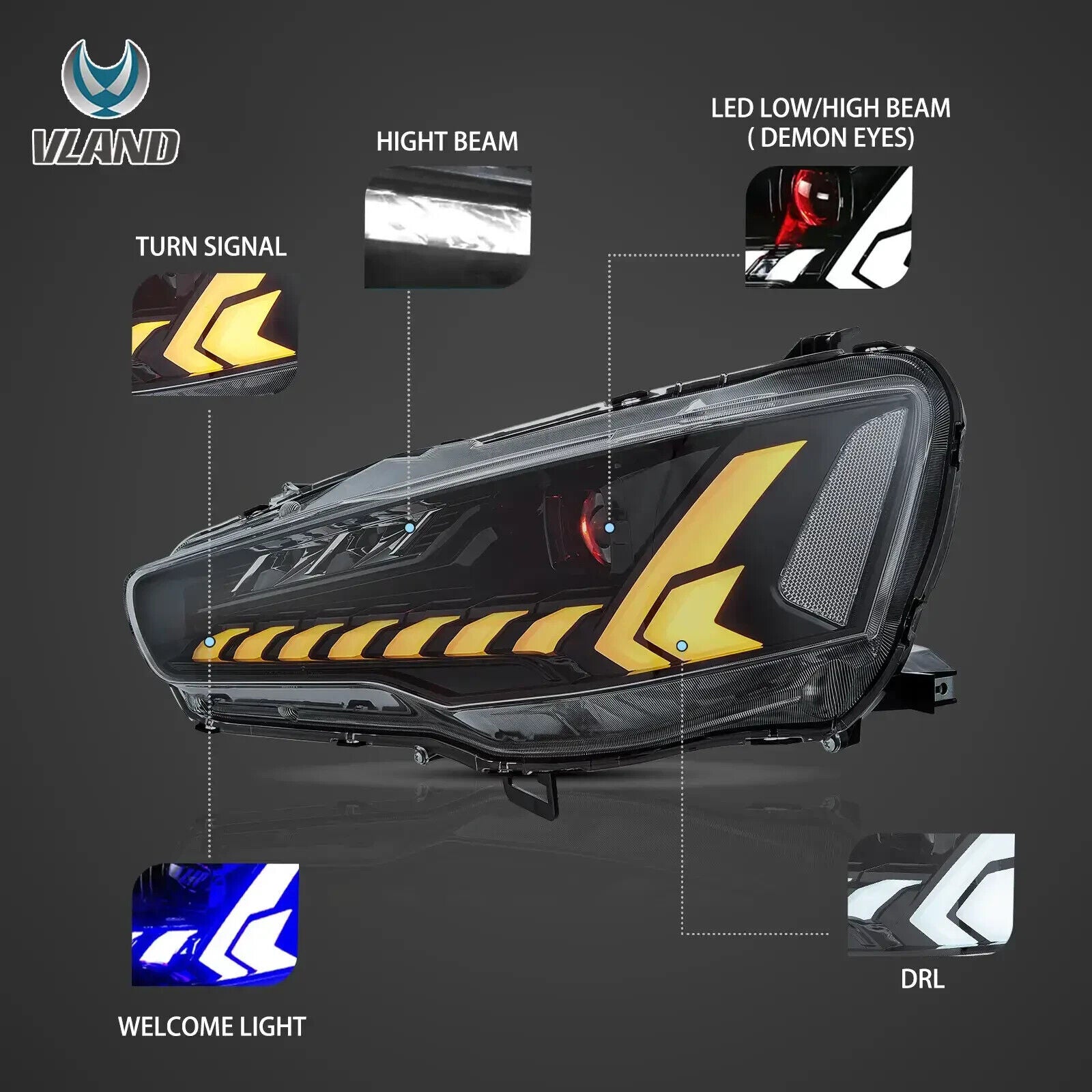 VLAND Pair 08-17 Mitsubishi Lancer Evo X DYNAM LED DRL Lightbar Demon Eyes Headlights LHD