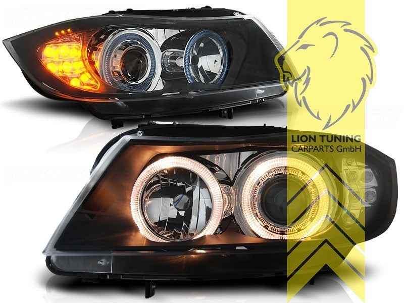LTG DEPO LED Halo Ring Headlights BMW E90 Sedan E91 Touring 05-08 Black LHD