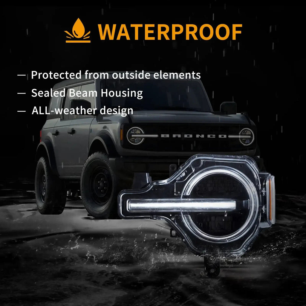 Pair VLAND 20-24 Ford Bronco Full LED DRL Lightbar Projector Halo Ring Headlights