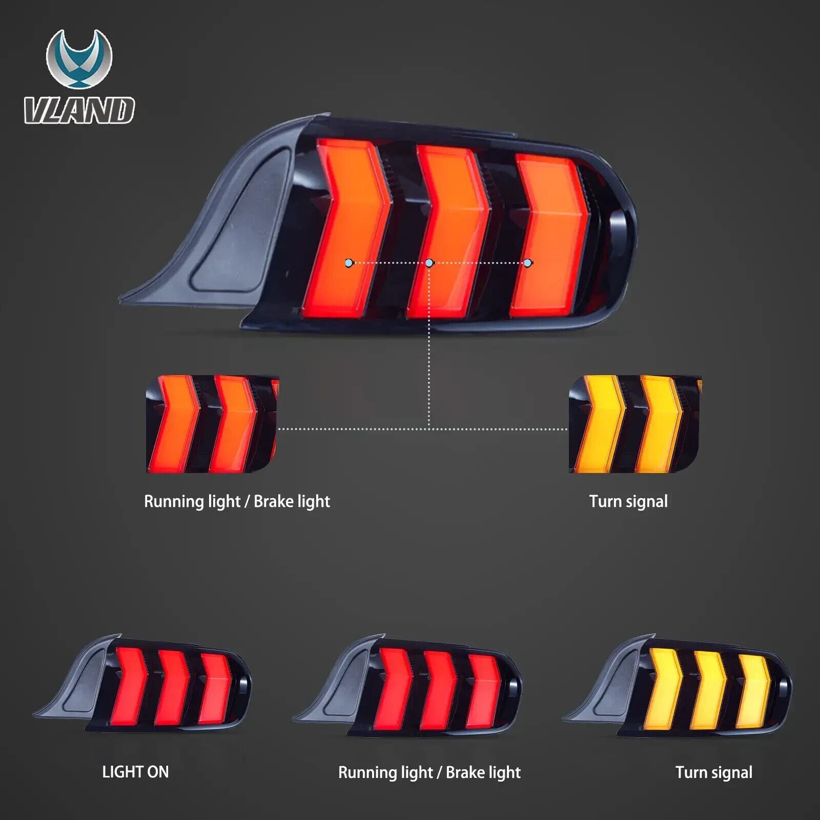 VLAND 15-23 Ford Mustang 6 MK6 S550 5 Mode Dynamic Lightbar LED DRL Rear Lights