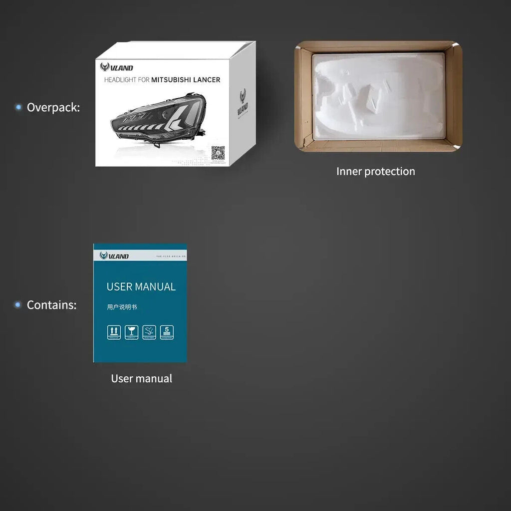 VLAND Pair 08-17 Mitsubishi Lancer Evo X DYNAM LED DRL Lightbar Demon Eyes Headlights LHD