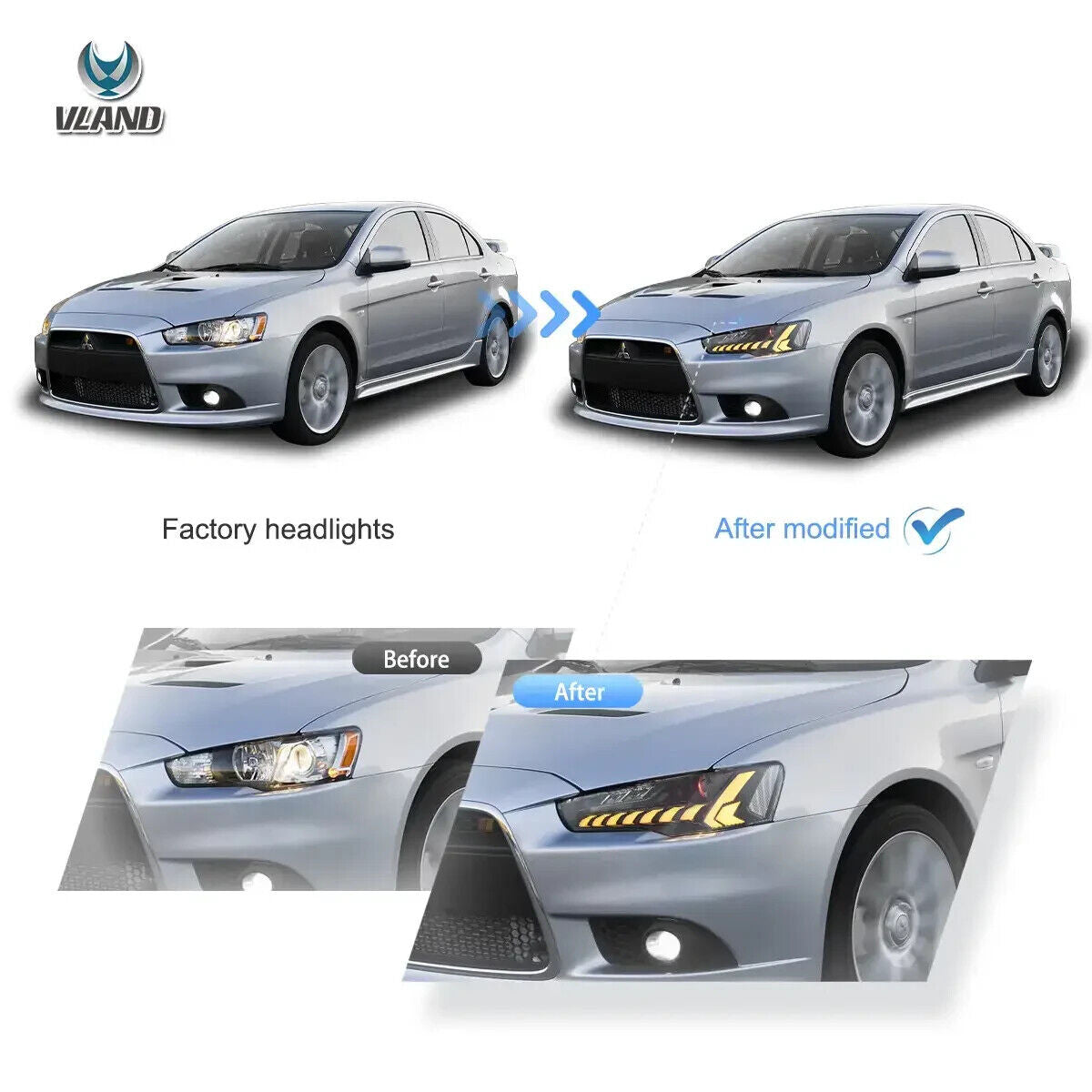 VLAND Pair 08-17 Mitsubishi Lancer Evo X DYNAM LED DRL Lightbar Demon Eyes Headlights LHD