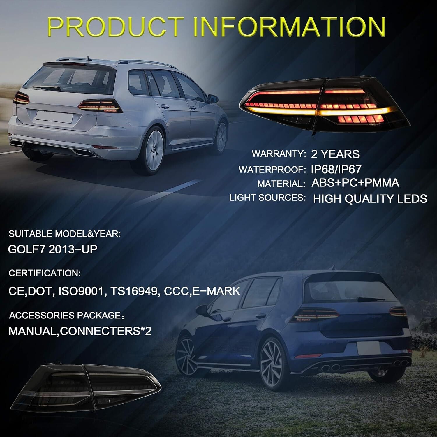 VLAND Golf 7 - 7.5 13-20 Lightbar LED SEQUENTIAL Rear Lights Smoked LHD