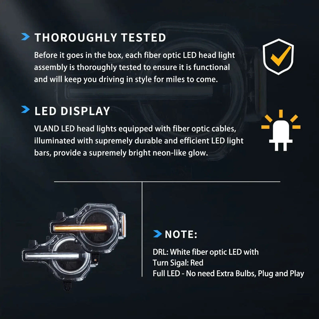 Pair VLAND 20-24 Ford Bronco Full LED DRL Lightbar Projector Halo Ring Headlights