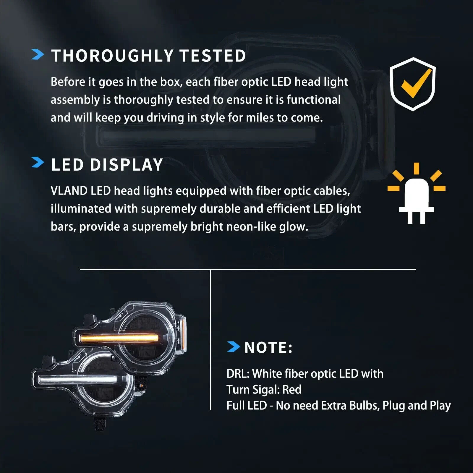 Pair VLAND 20-24 Ford Bronco Full LED DRL Lightbar Projector Halo Ring Headlights