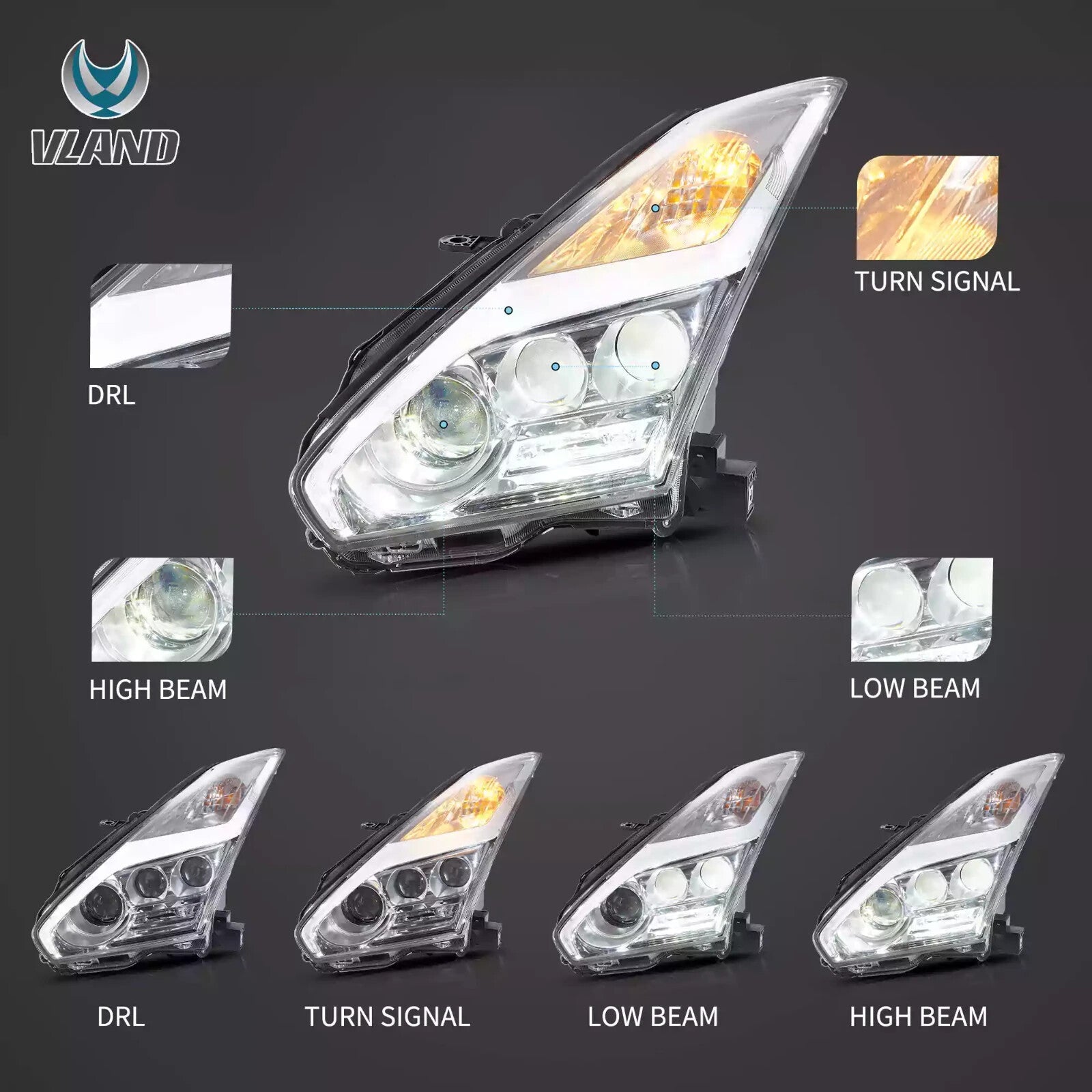 VLAND Pair 08-23 GT-R R35 LED DRL Halo Projector Headlights Lamps Chrome LHD