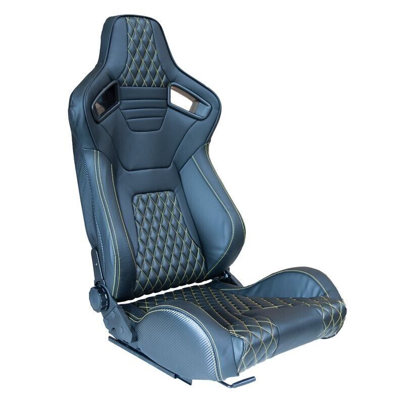 Auto-Style AK x1 Univ Reclining Sports Bucket Seat Black & Yellow Diamond Stitch Quilted Carbon Fibre Style + slide runners