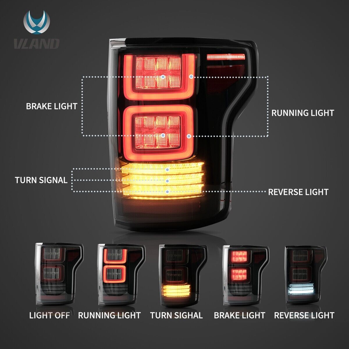VLAND 15-20 Ford F150 13 P552 Lightbar LED DRL Rear Lights Tail Smoke DYNAMIC