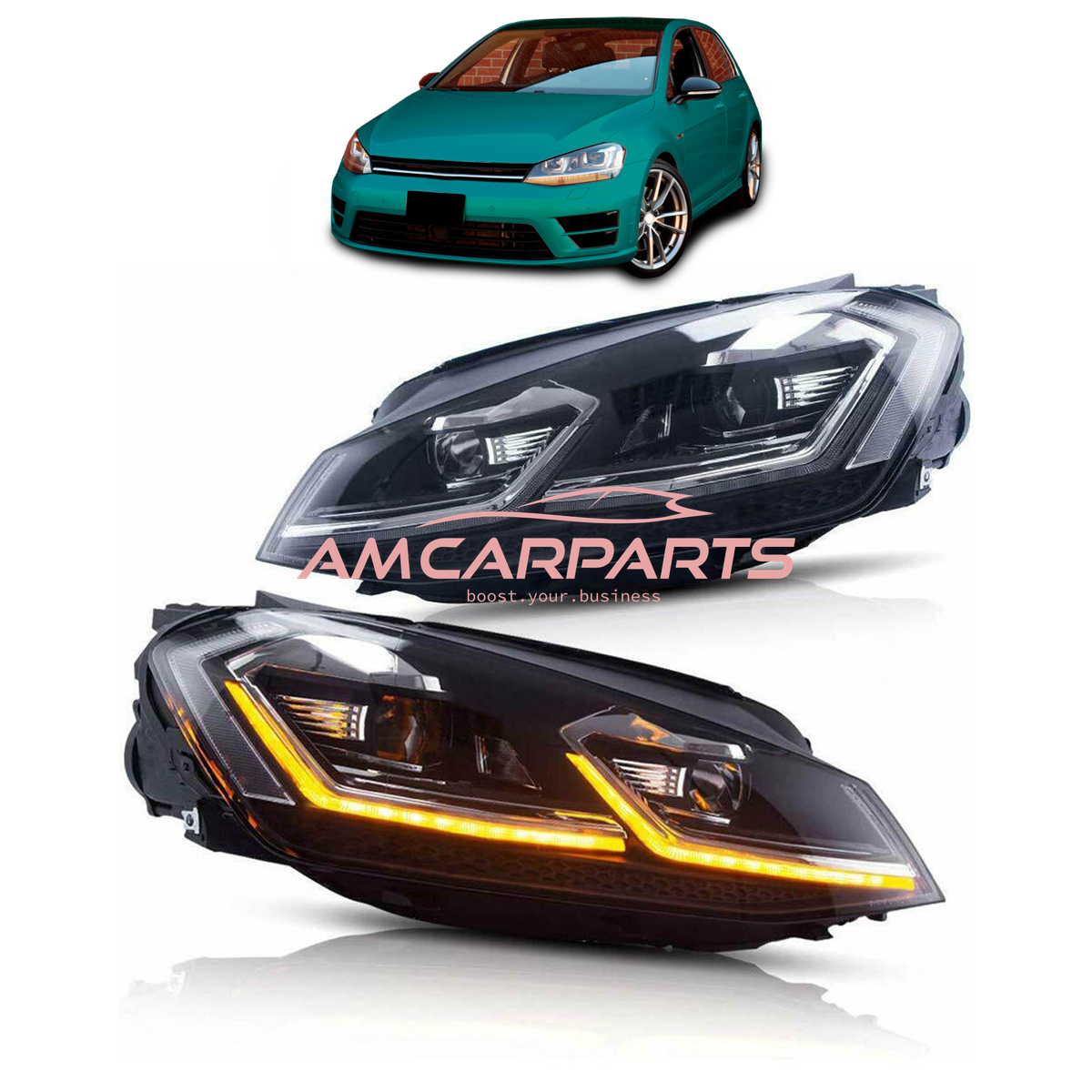 AMCP Pair LED Halo Headlights VW Golf 7 Pre-Facelift 12-17 XENON Style LHD