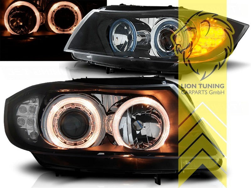 LTG DEPO LED Halo Ring Headlights BMW E90 Sedan E91 Touring 05-08 Black LHD