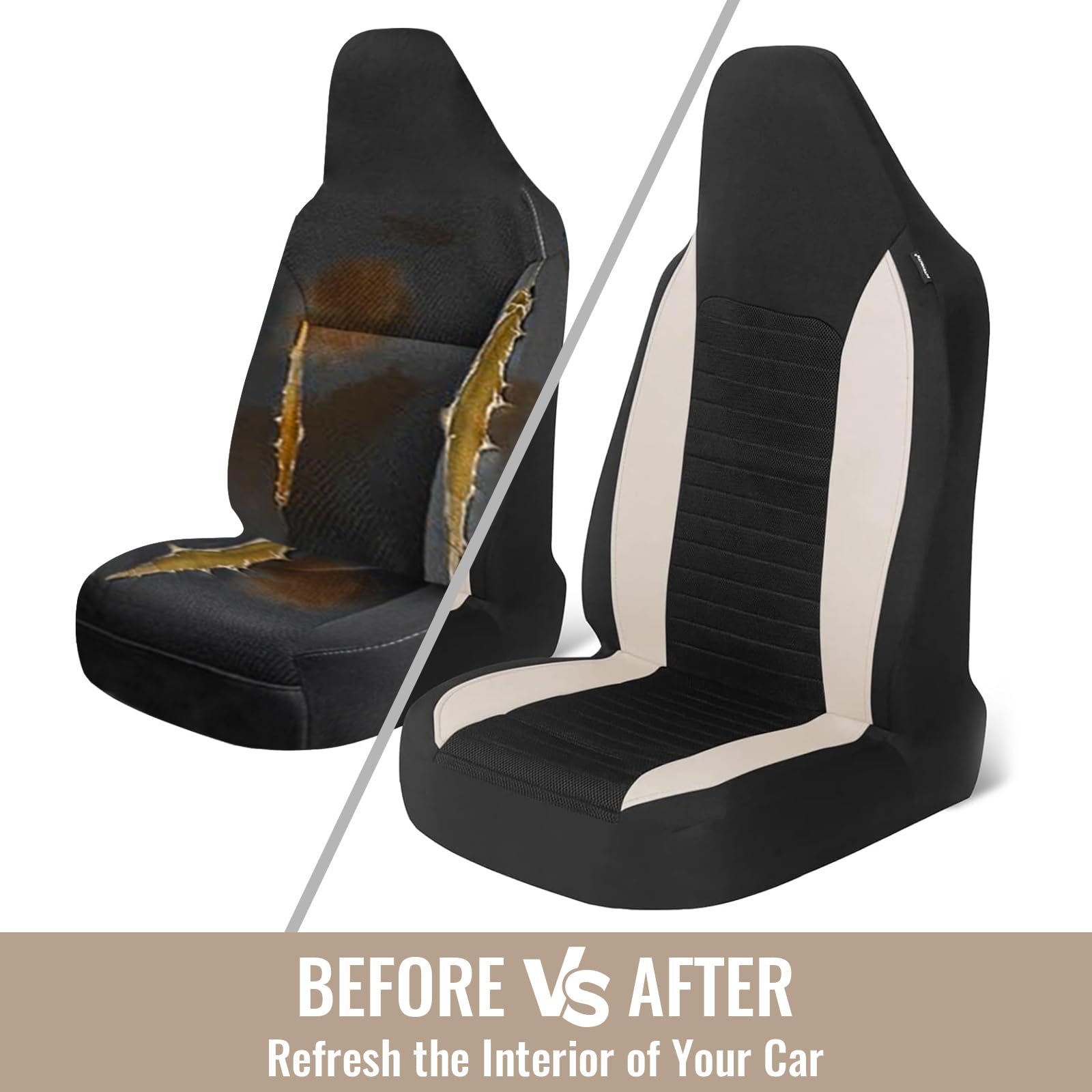 AUTOYOUTH Car Seat Covers Simple Bucket Style Universal Front Pair Fit for Car Truck SUV Van Seat Covers Car Seat Protector, Beige