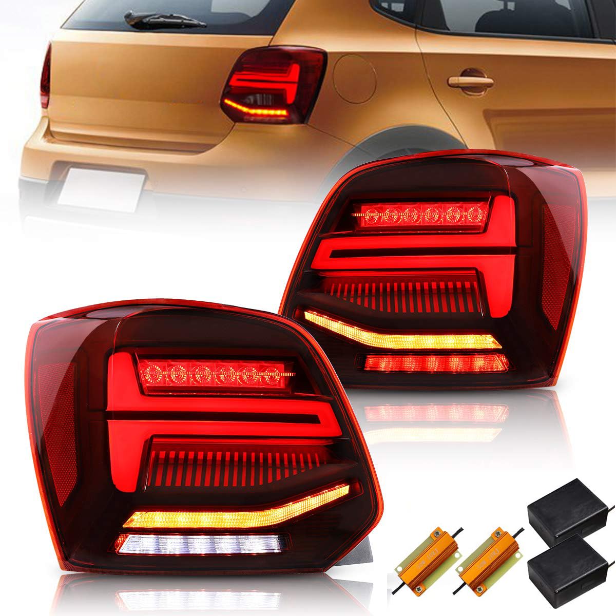 VLAND LED Tail Light Compatible with Polo 5 6R 6C TSI 2009-2017(Not for 1.2 TSI/saloon/GTI), Rear Lights with Streamer Indicator, E-mark, RHD, Smoked
