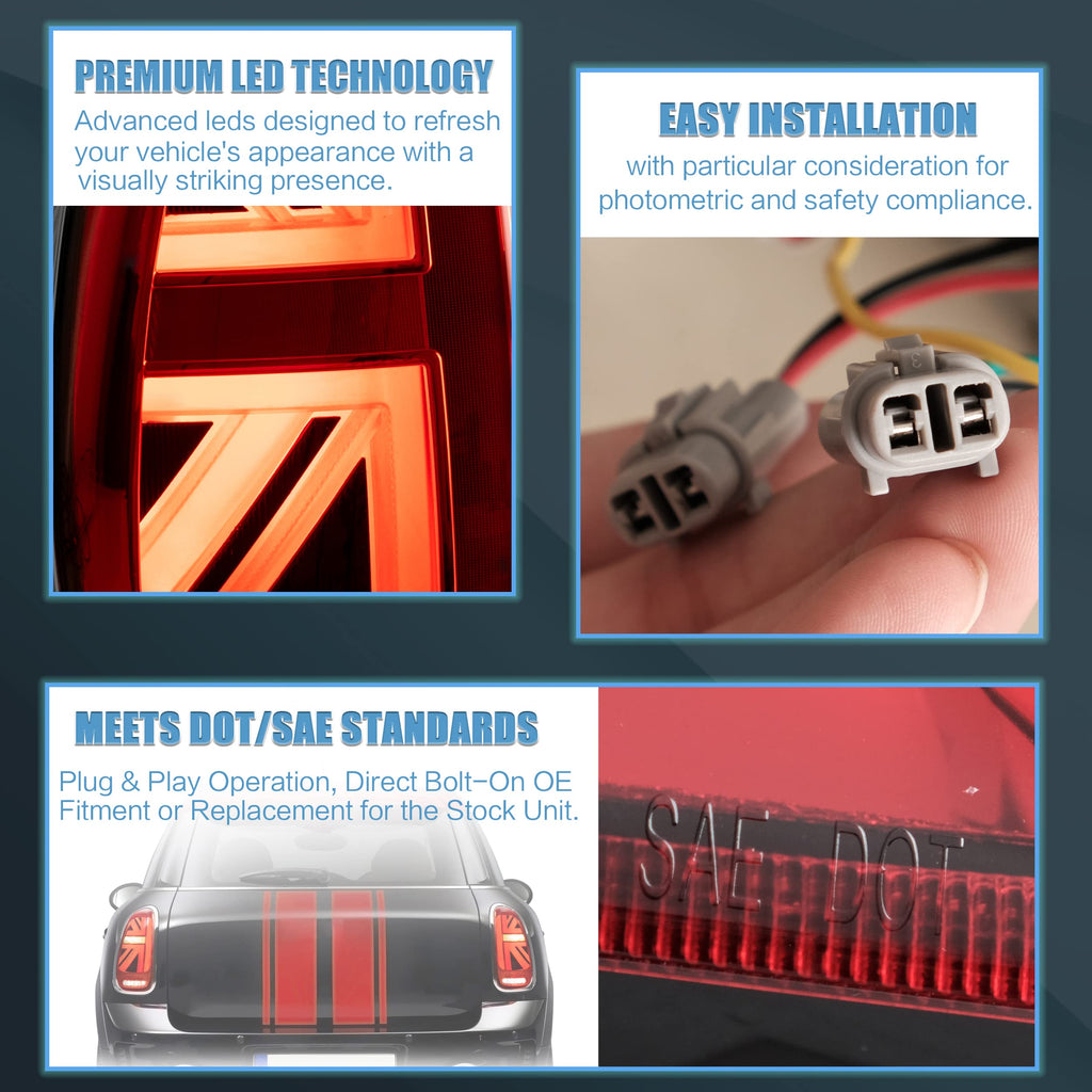 VLAND LED Tail Light Compatible with BMW Mini Cooper F55 F56 F57 2014-2021, Rear Lights with Sequential Turn Signal, Electroplated housing, Red