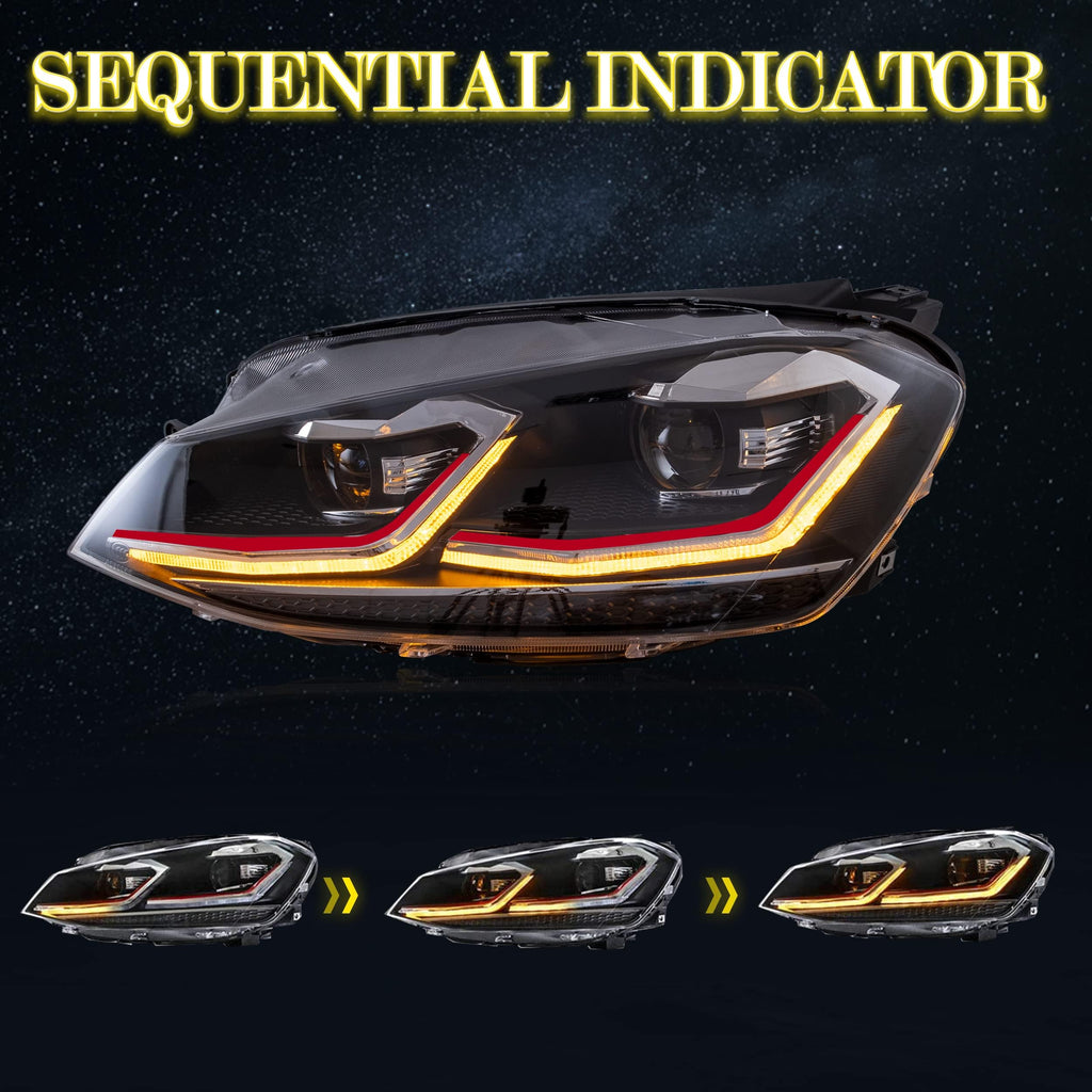VLAND Headlights Compatible with Golf 7 MK7 TDI TSI 2013-2017, Front Lights with Sequential Indicator, Red Line Headlamps
