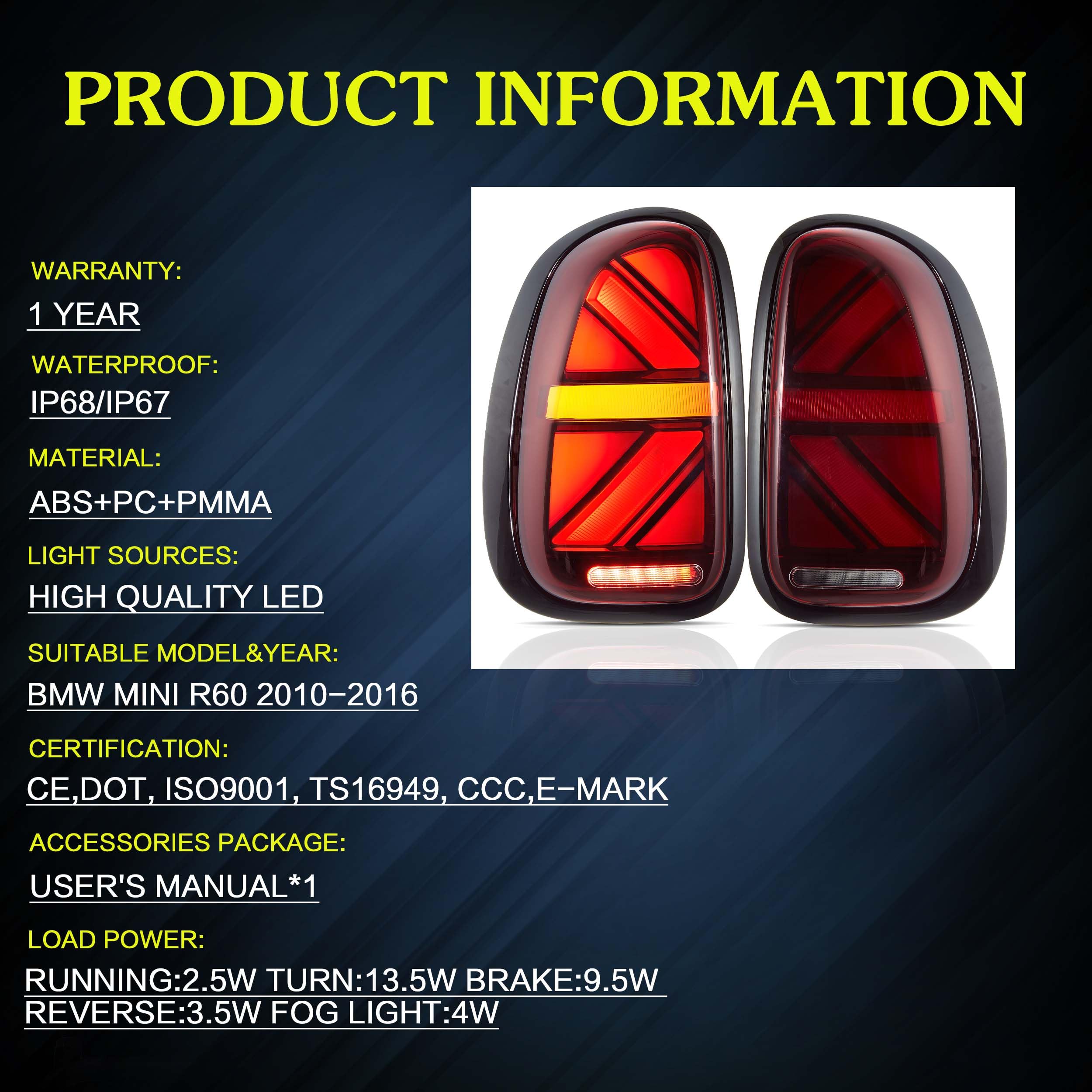 VLAND LED Tail Light Compatible with BMW Mini Cooper F55 F56 F57 2014-2021, Rear Lights with Sequential Turn Signal, Electroplated housing, Red