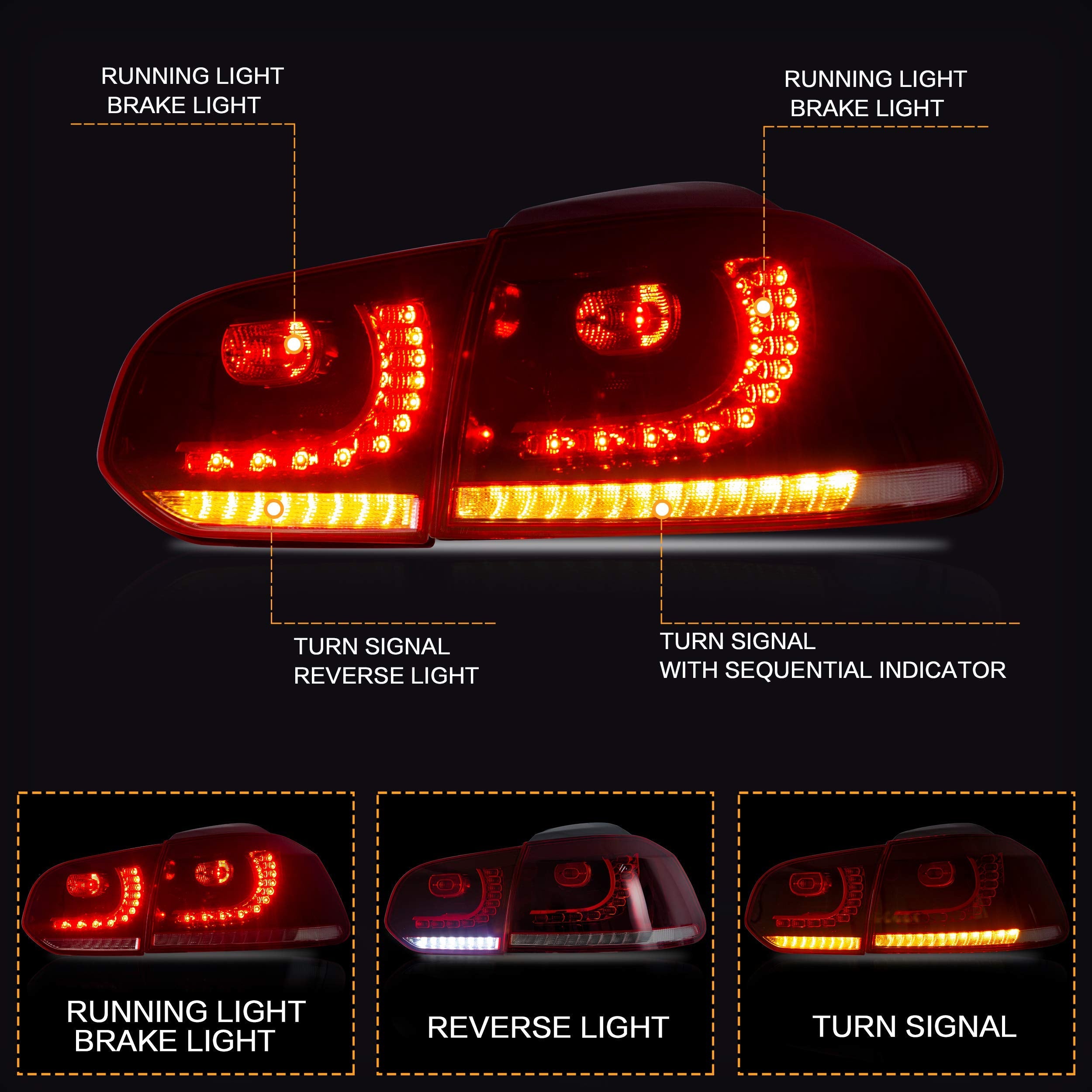 VLAND LED Tail Lights Fit for 2008-2013 Volkswagen Golf 6 MK6 TSI TDI GTD R(not for GTI/Variant/Cabriolet), Rear Lights with Sequential Turn Signal Indicators, E-mark, Red Smoked
