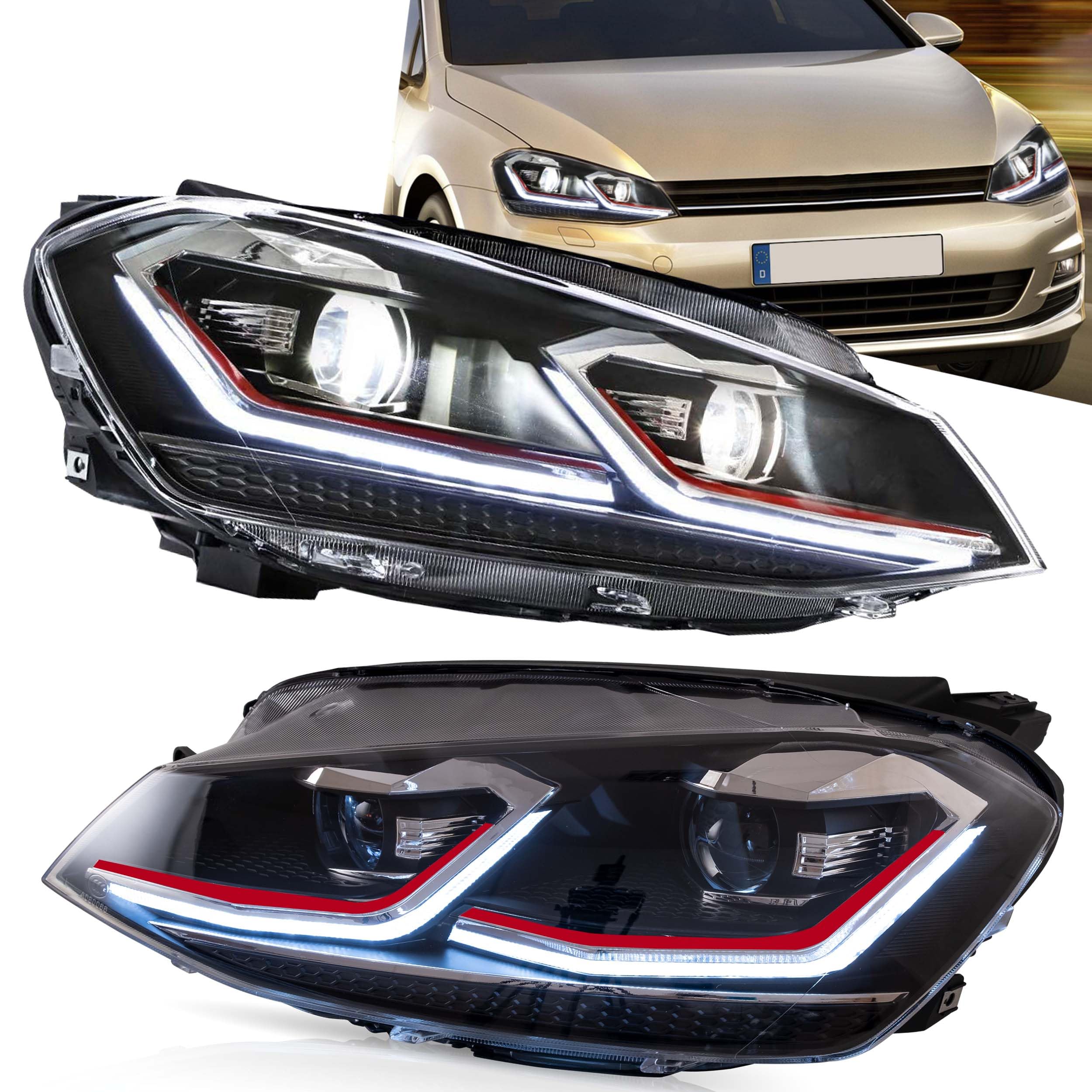 VLAND Headlights Compatible with Golf 7 MK7 TDI TSI 2013-2017, Front Lights with Sequential Indicator, Red Line Headlamps