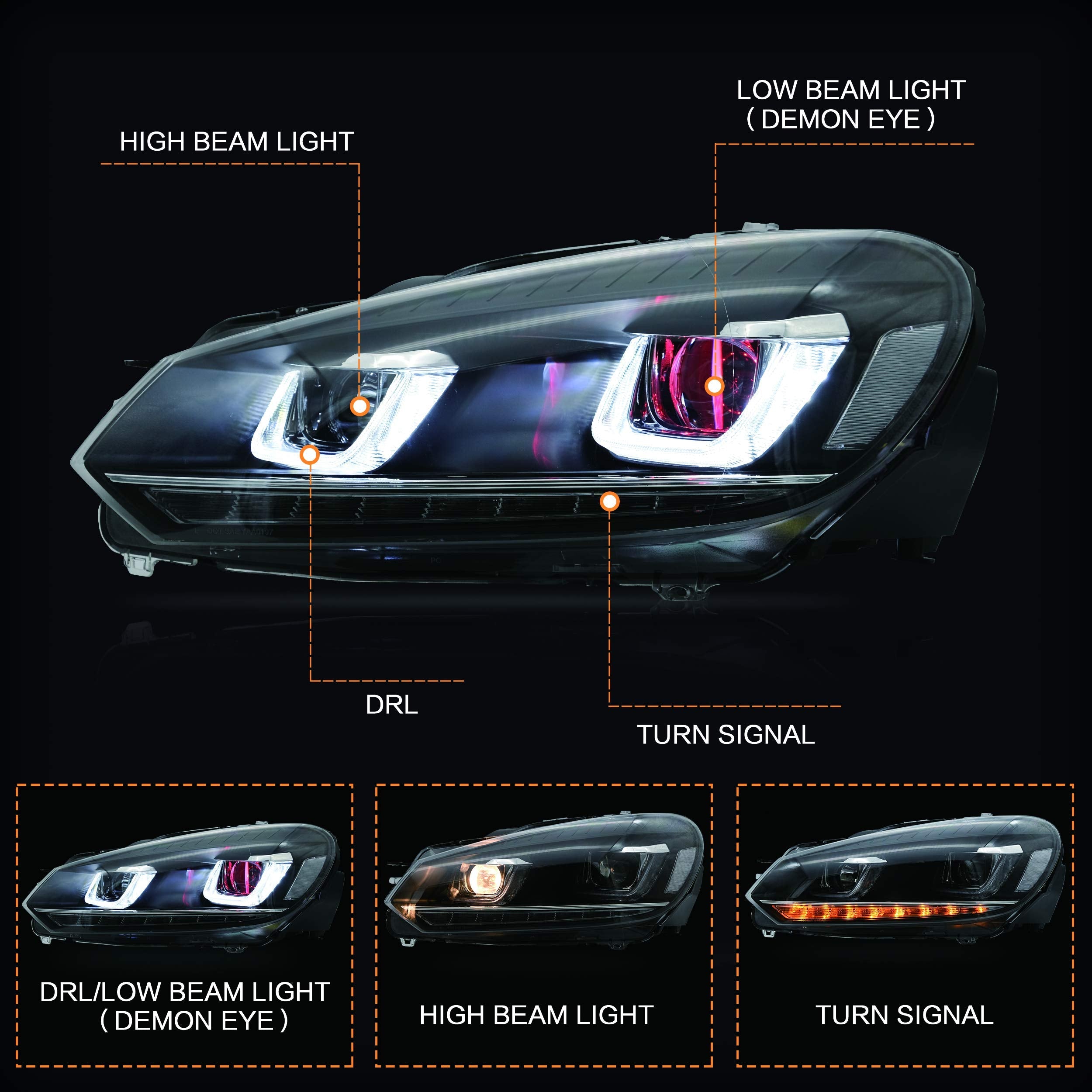 VLAND Headlights Compatible with Golf 7 MK7 TDI TSI 2013-2017, Front Lights with Sequential Indicator, Red Line Headlamps