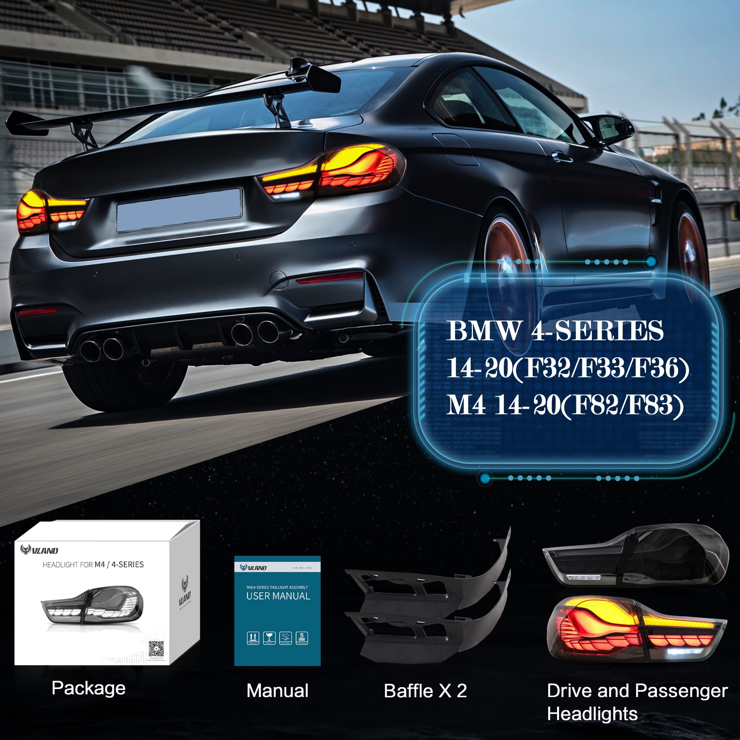 VLAND OLED Rear Tail Lights Compatible with 2014-2020 BMW M4, 4 Series Coupe/Convertible F32 F33 F82 F83/4 Gran Coupe F36,Tail Lights with Dragon Scale Sequential Indicators, Smoked