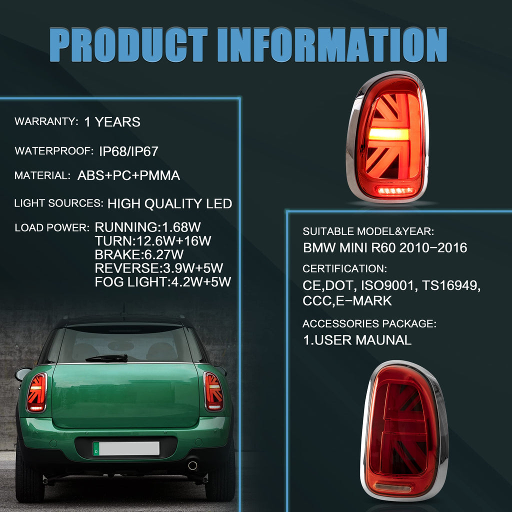 VLAND LED Tail Light Compatible with BMW Mini Cooper F55 F56 F57 2014-2021, Rear Lights with Sequential Turn Signal, Electroplated housing, Red