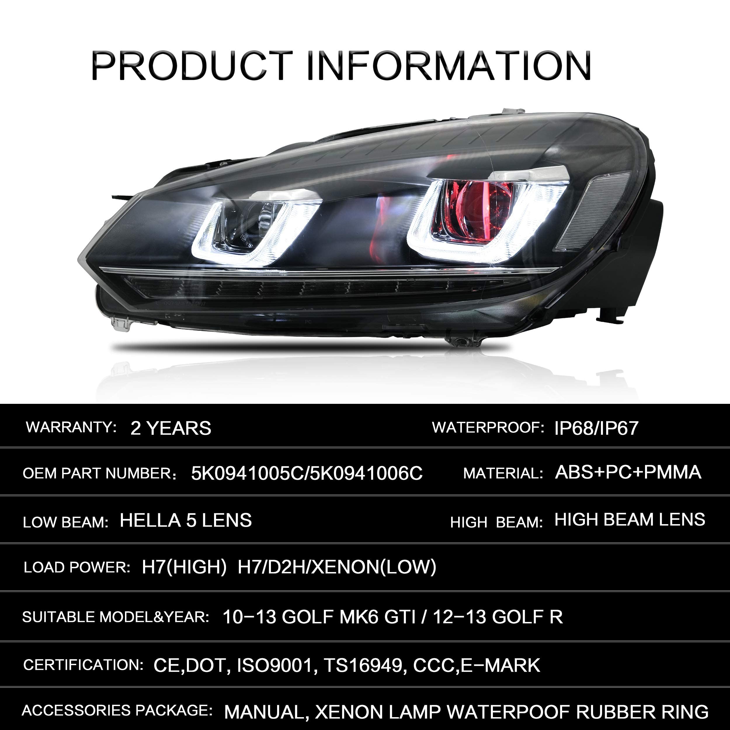 VLAND LED Tail Lights Fit for 2008-2013 Volkswagen Golf 6 MK6 TSI TDI GTD R(not for GTI/Variant/Cabriolet), Rear Lights with Sequential Turn Signal Indicators, E-mark, Red Smoked