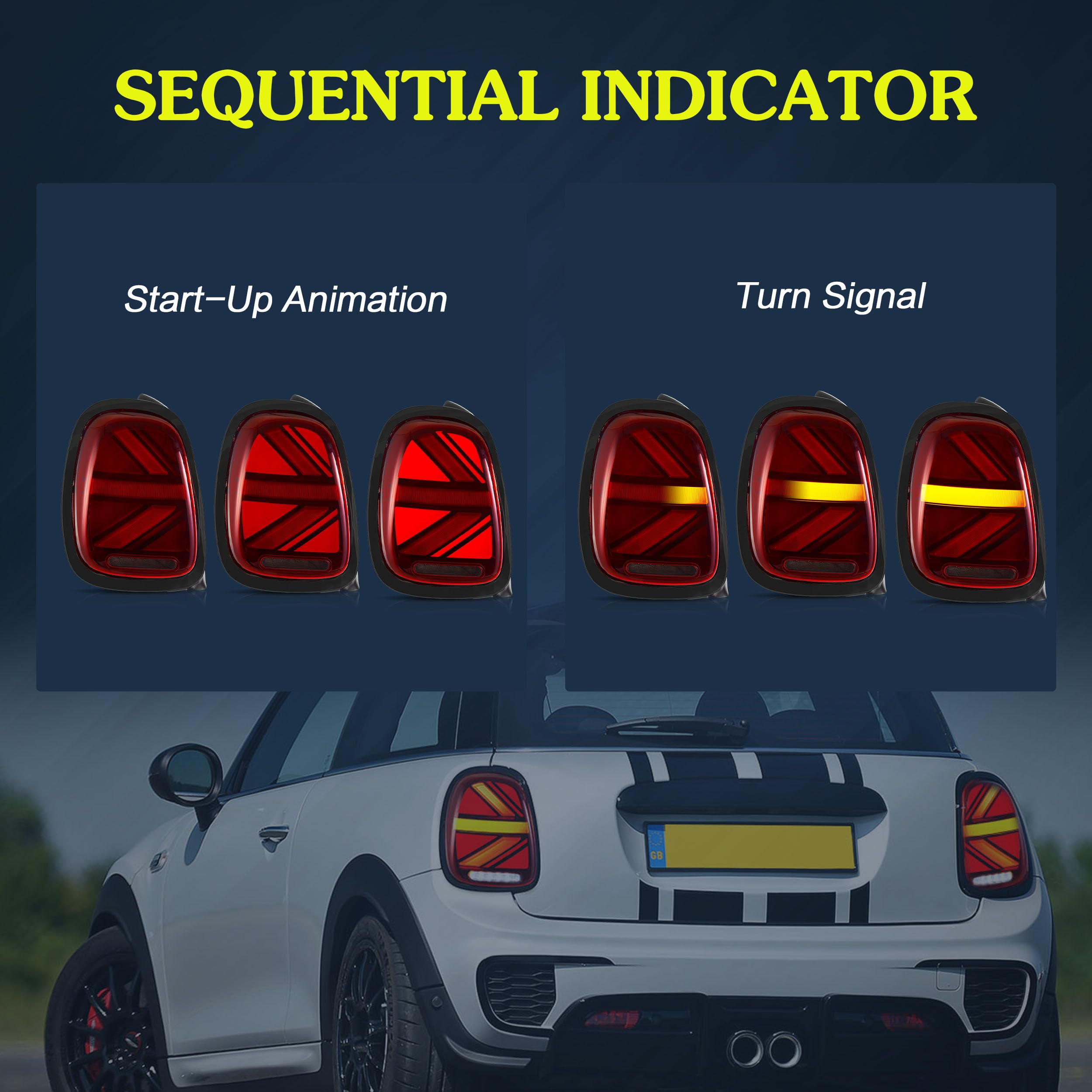 VLAND LED Tail Light Compatible with BMW Mini Cooper F55 F56 F57 2014-2021, Rear Lights with Sequential Turn Signal, Electroplated housing, Red