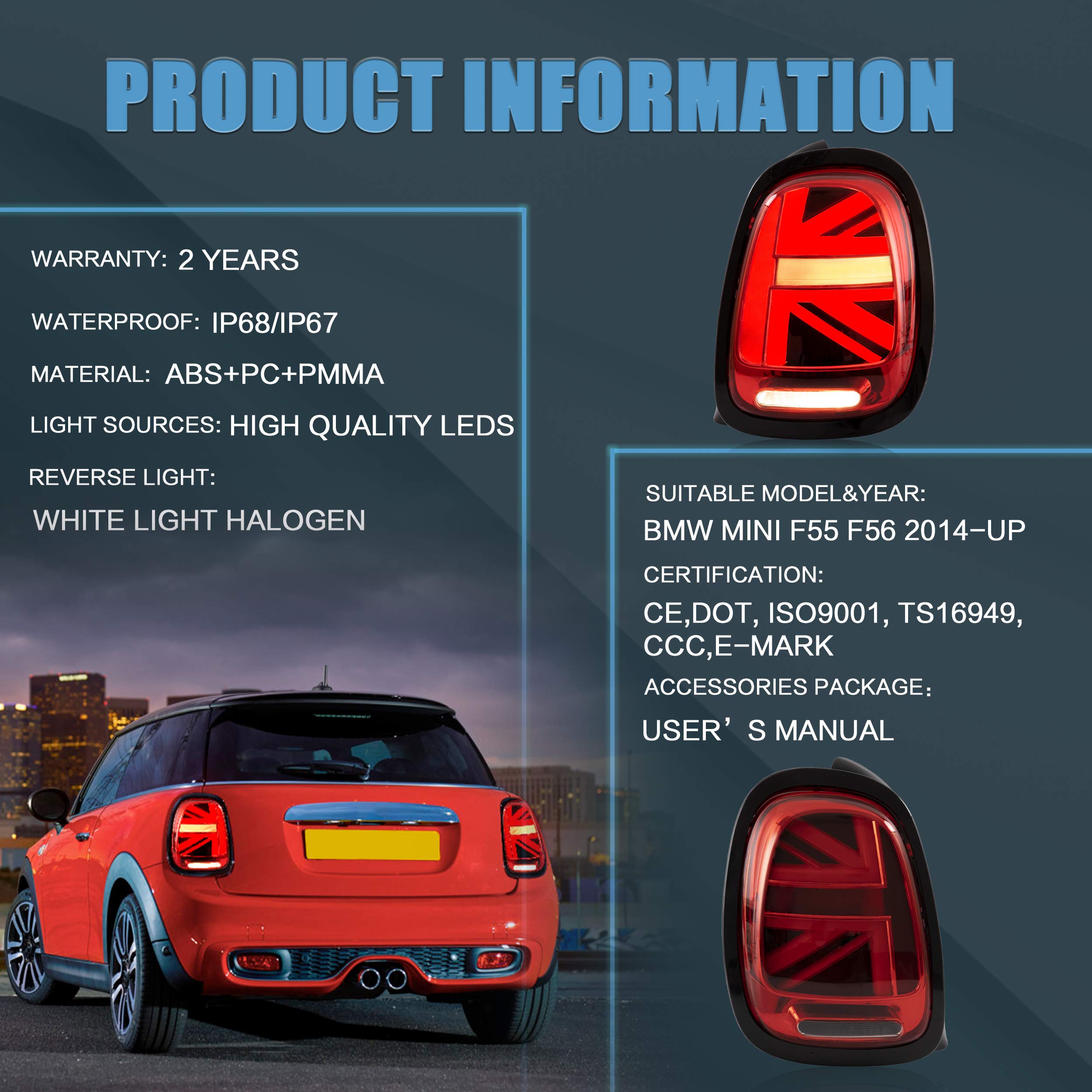 VLAND LED Tail Light Compatible with BMW Mini Cooper F55 F56 F57 2014-2021, Rear Lights with Sequential Turn Signal, Electroplated housing, Red